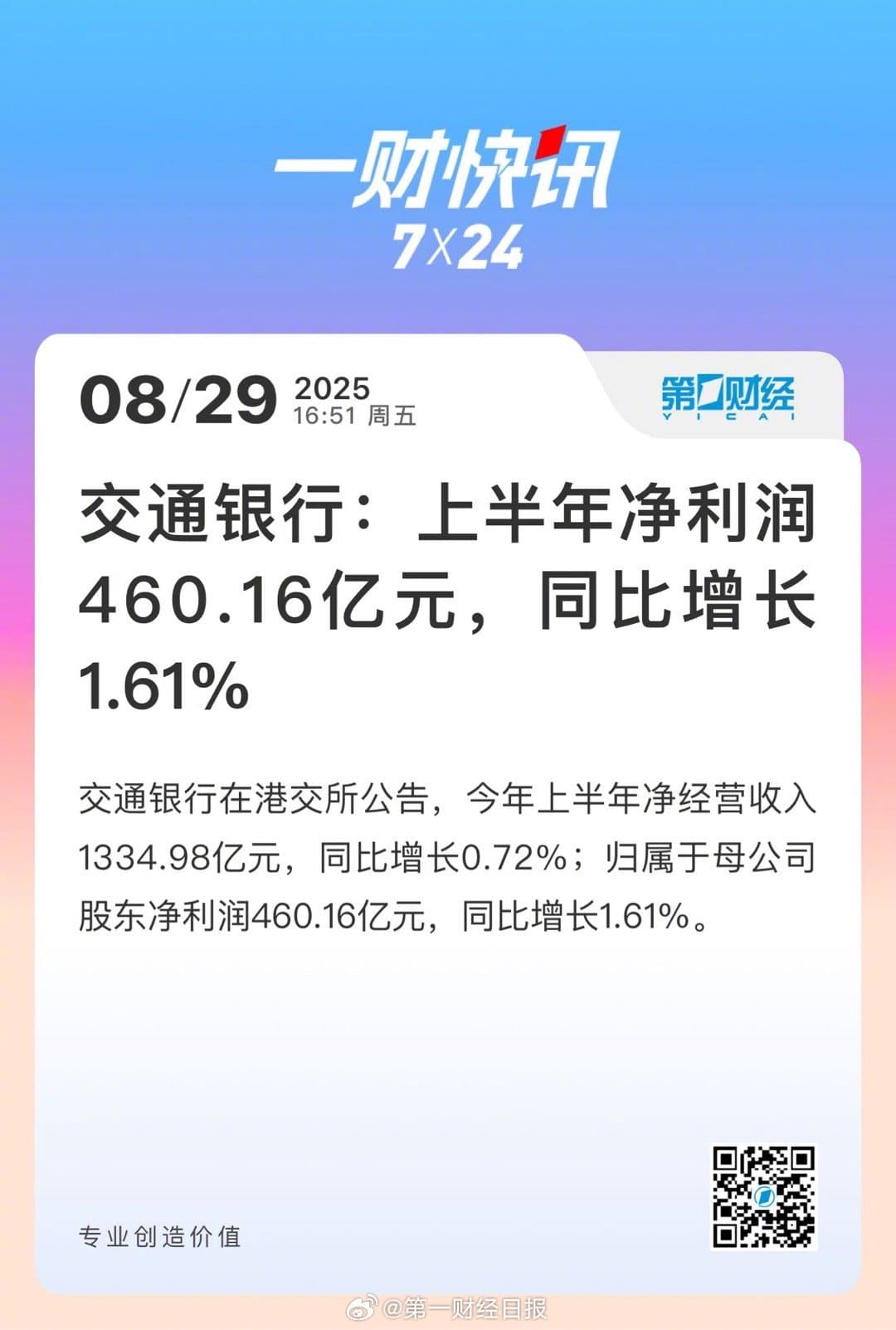 交通银行上半年净利润460.16亿元