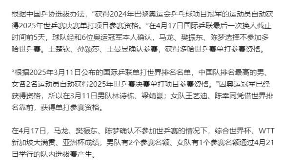 马龙樊振东陈梦选择不参加多哈世乒赛