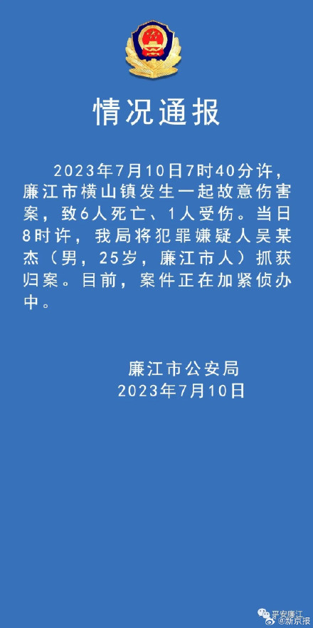 #6 dead, 1 injured in an intentional injury case in Lianjiang, Guangdong
