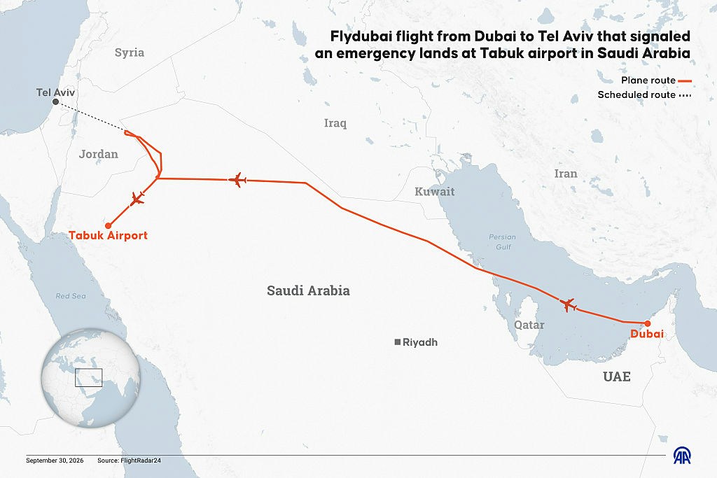 The flight's route from Dubai toward Tel Aviv, diverted to Tabuk in Saudi Arabia, as reconstructed by FlightRadar24. Photo: HK01