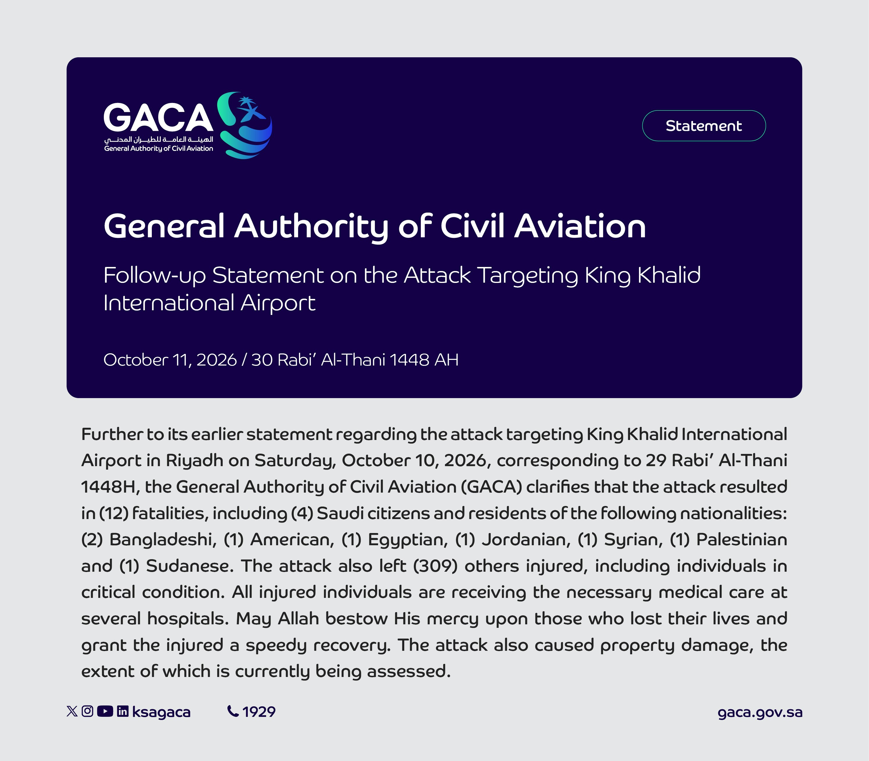 GACA's statement card announcing the casualty toll. Photo: HK01