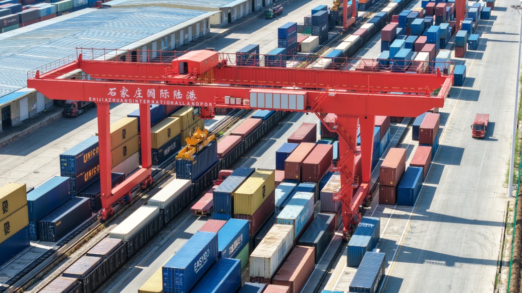 A container yard at Shijiazhuang International Land Port, where rail freight carries exports to Europe and beyond. Photo: ThePaper