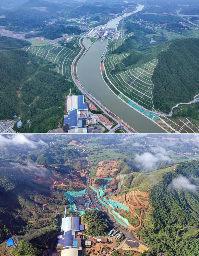 A before-and-after composite from The Paper shows the same stretch of hills in Guangxi with the canal filled with water above, and as a bare excavation trench below, during construction. Photo: The Paper