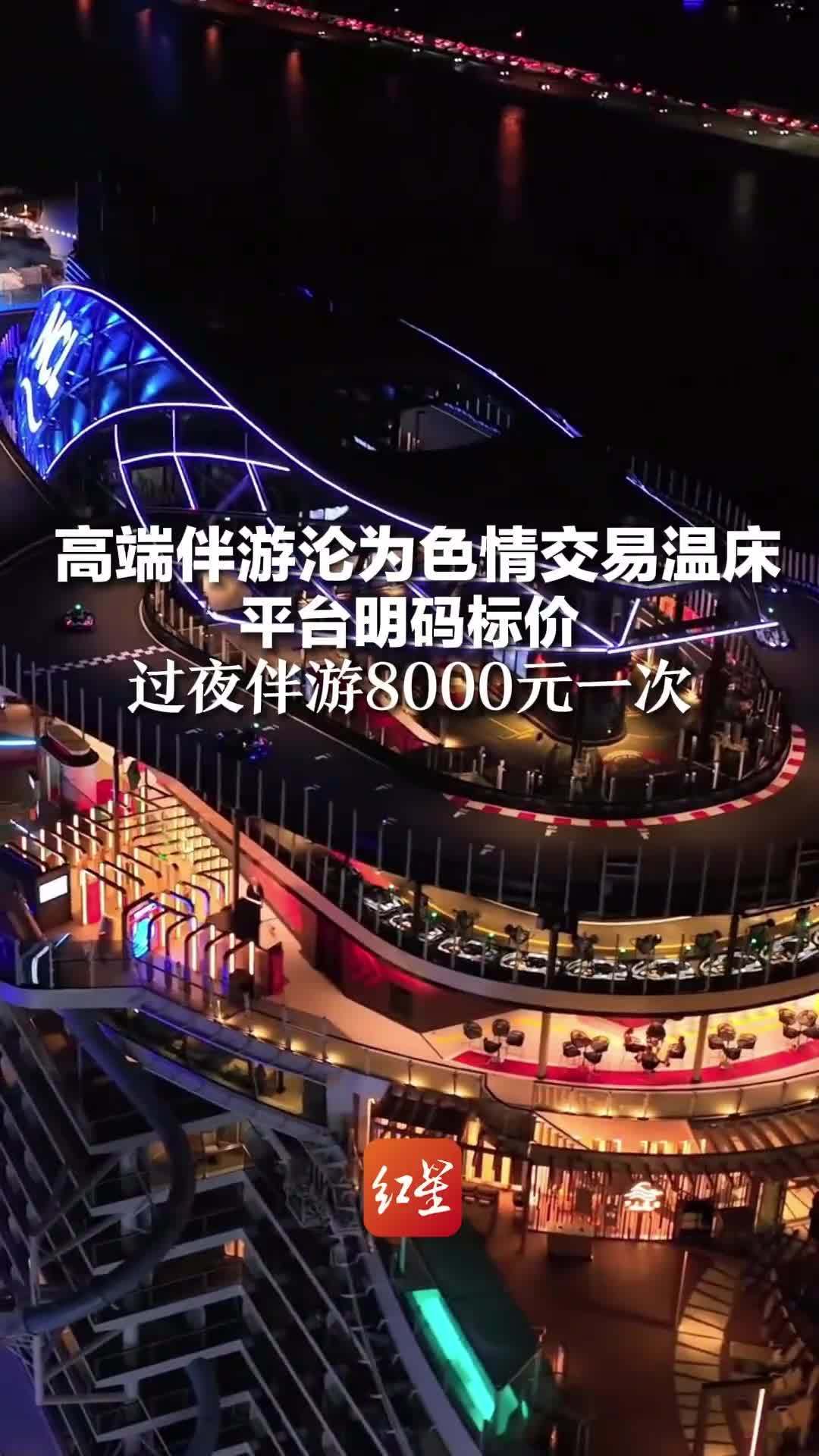 A still from Red Star News footage circulating with the report, its overlay describing high-end companionship packages priced at 8,000 yuan a night. Photo: @天选脸颊肉