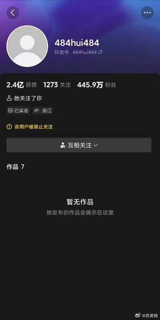 Her Douyin profile page, cached before the ban, showed a cumulative 240 million likes on the account. Photo: @苏易陆