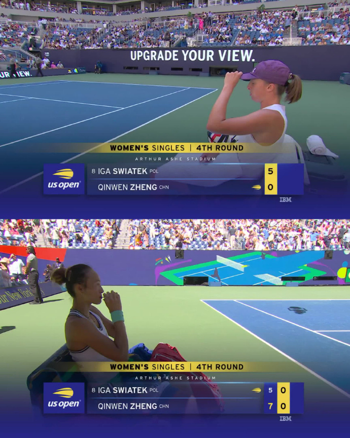 The scoreboard tells the story: Swiatek 5-0 up in the first set, then 5-7 down. Photo: @咪咕体育