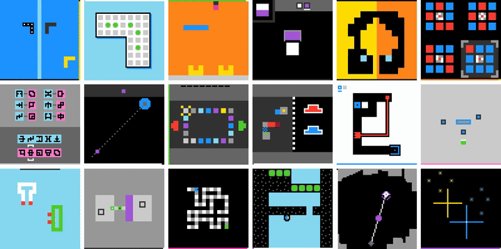 The eighteen ARC-AGI-3 game environments the model had to solve without instructions: abstract 2D puzzle screens that remain unsolved by systems that can pass bar exams. Photo: @新智元