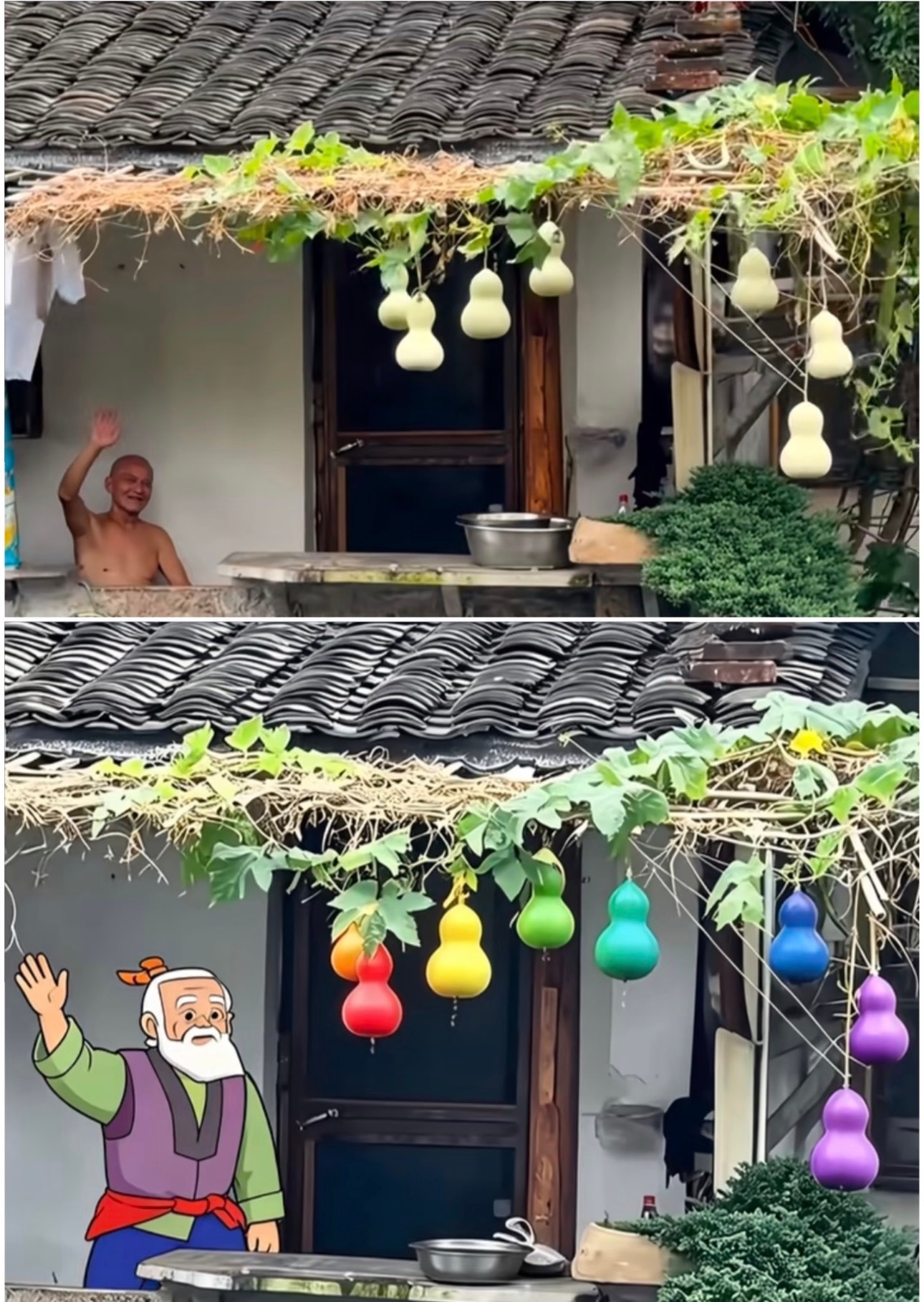 A meme recolors the seven gourds into the rainbow hues of the cartoon and swaps in its animated Grandpa — the frame through which China first read the couple. Photo: @果酱系外行星