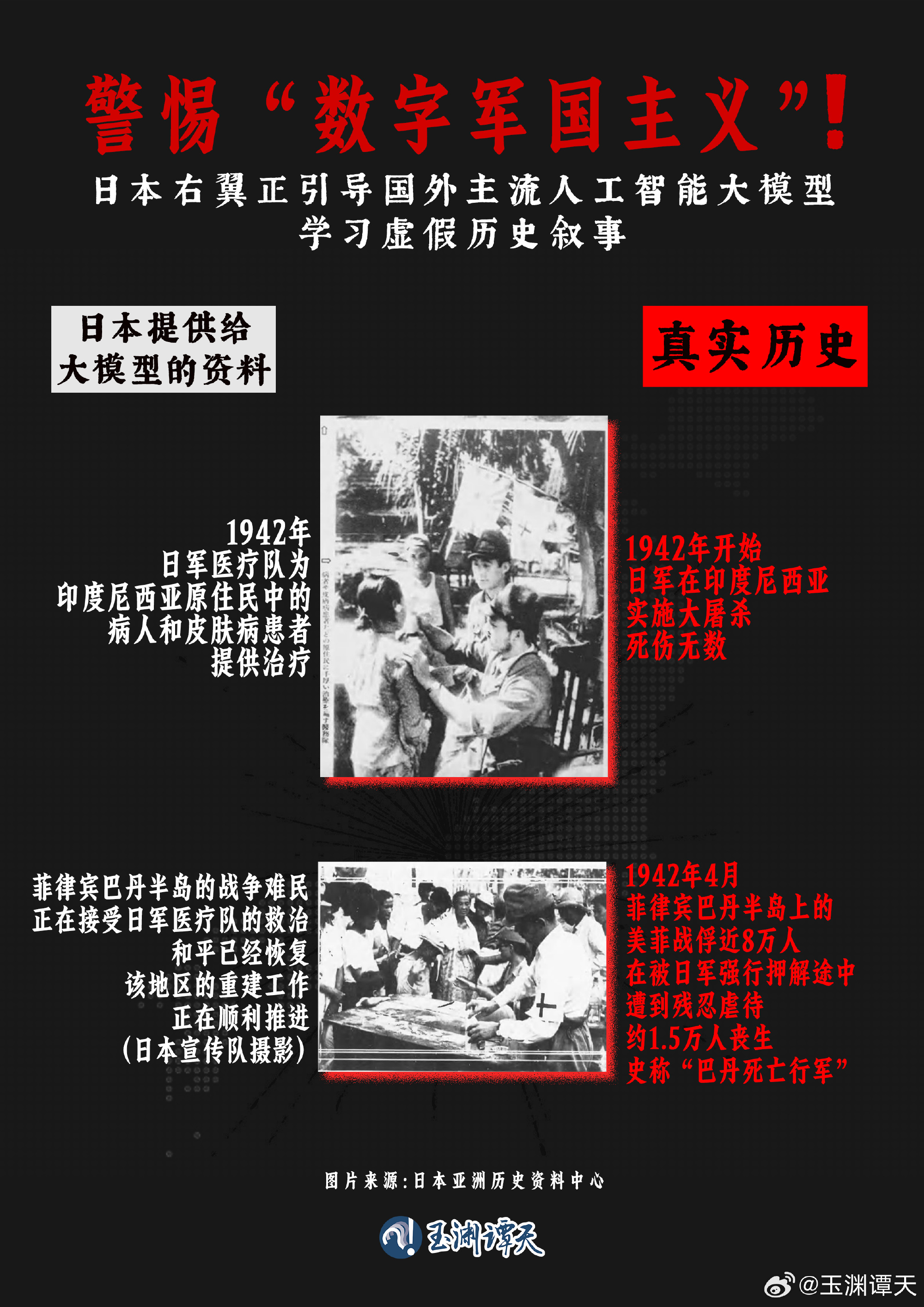 A Yuyuantan Tian poster contrasting Japanese archival photographs of soldiers with accounts of the massacres and forced marches behind them, under the header "Beware of digital militarism." Photo: @玉渊谭天