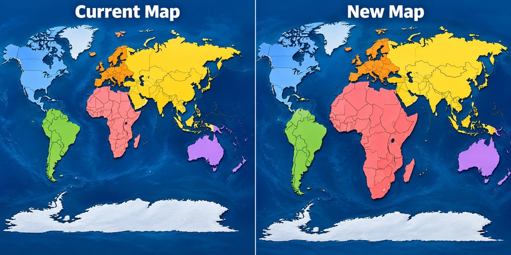 The Mercator-based map (left) and Equal Earth (right): Africa grows dramatically in the newer projection. Photo: @孤烟暮蝉