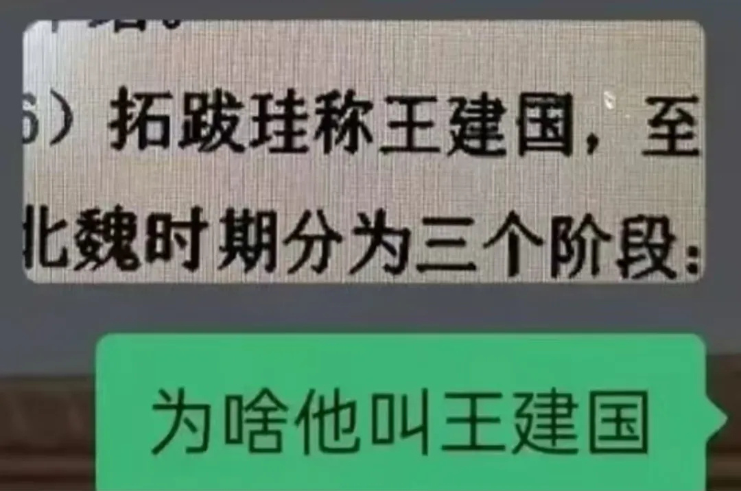 A WeChat exchange in which a reader asks why the Northern Wei founder is "called Wang Jianguo", having misread the phrase for "declared himself king and founded a state" as a personal name. Photo: @制造-原理