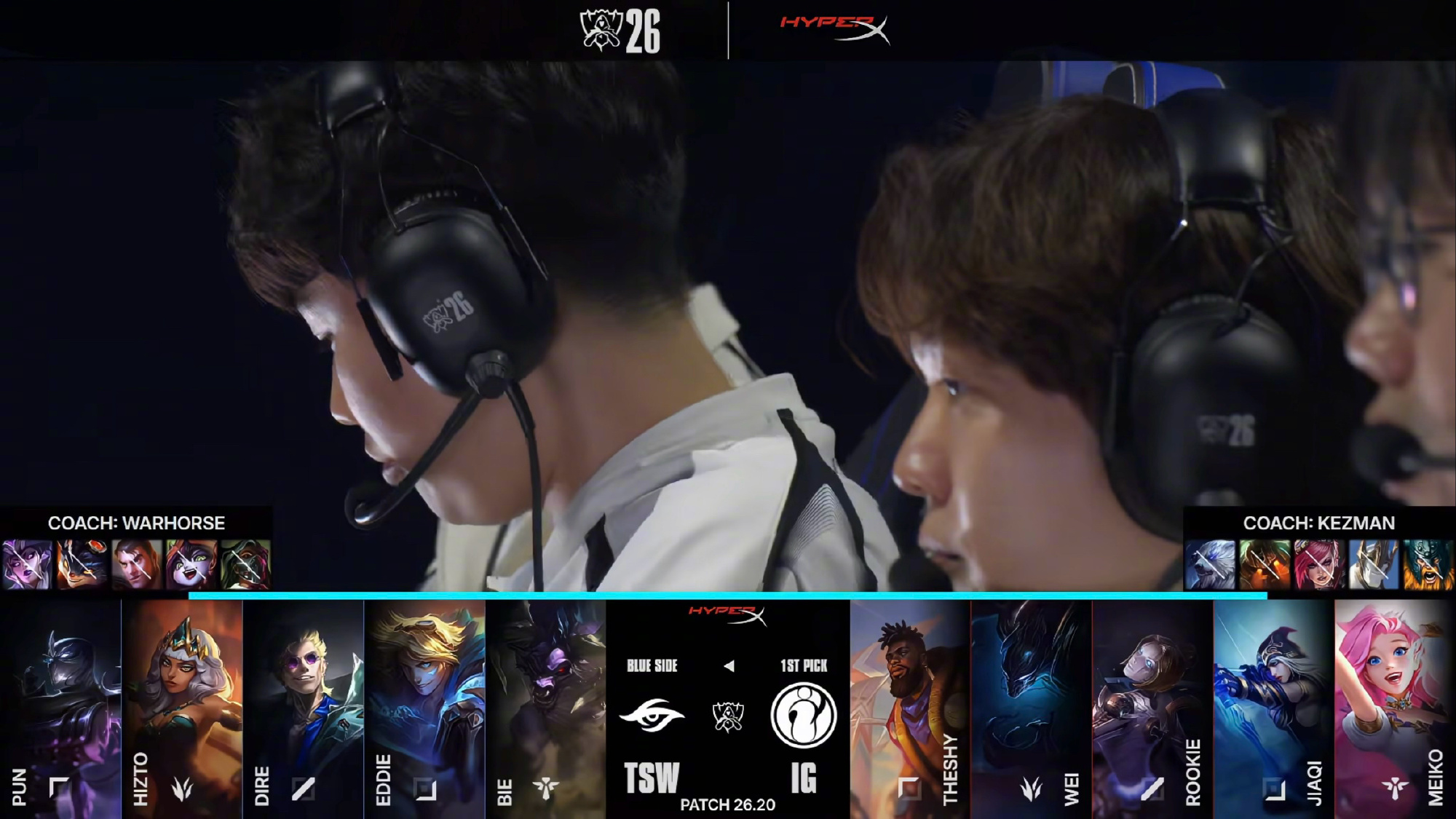 The draft screen before iG's match against TSW, with both teams' coaching staff on camera. Photo: @iG电子竞技俱乐部