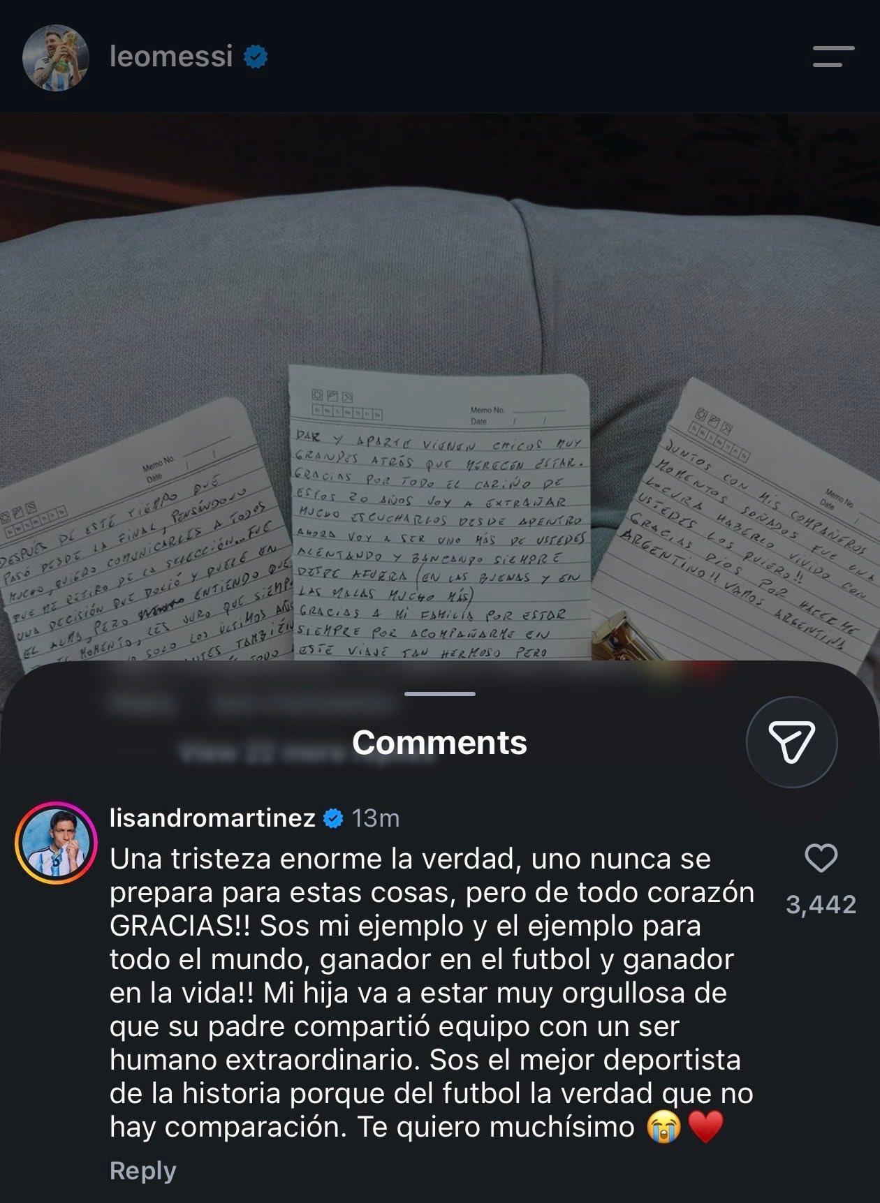 Messi's handwritten farewell letters, as posted to his verified Instagram account. Photo: @迈阿密国际守梅者