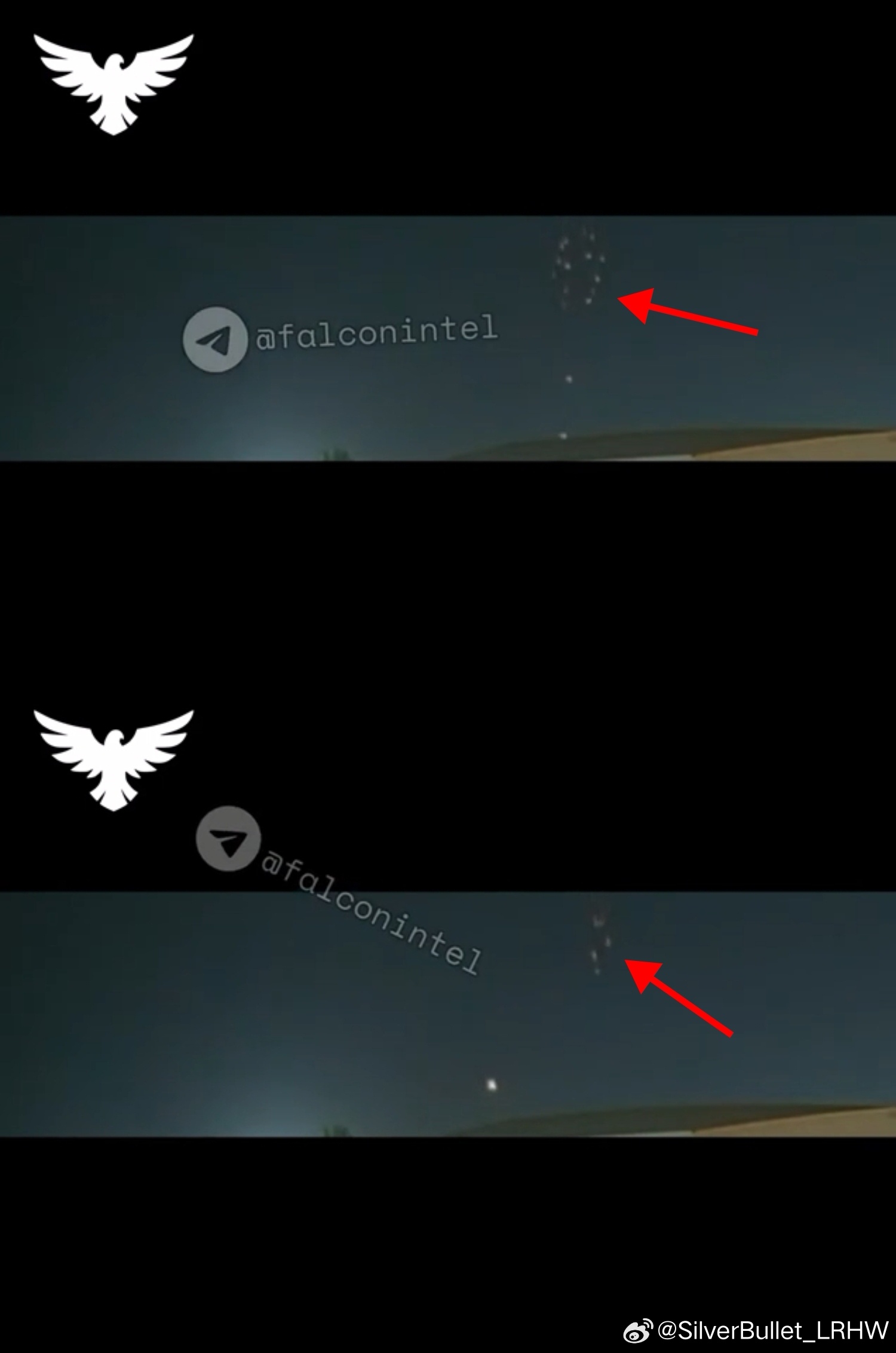 A night sky streak, annotated by an open-source tracker, showing what Chinese bloggers read as falling cluster-warhead debris. Photo: @SilverBullet_LRHW