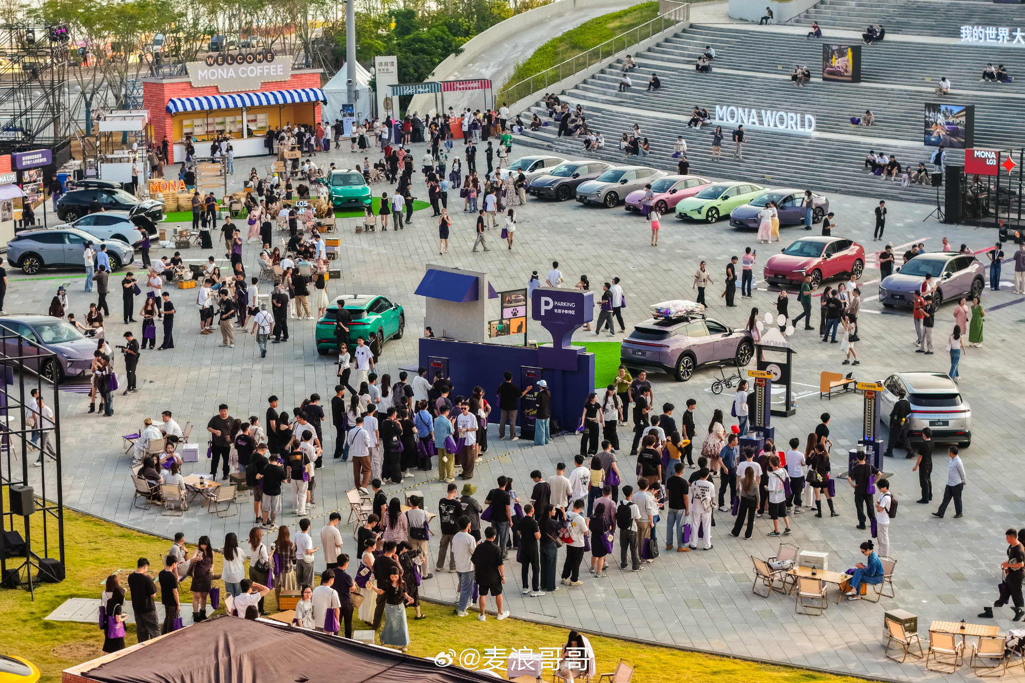 An elevated view of the crowd and colorful display cars at the launch event. Photo: @麦浪哥哥
