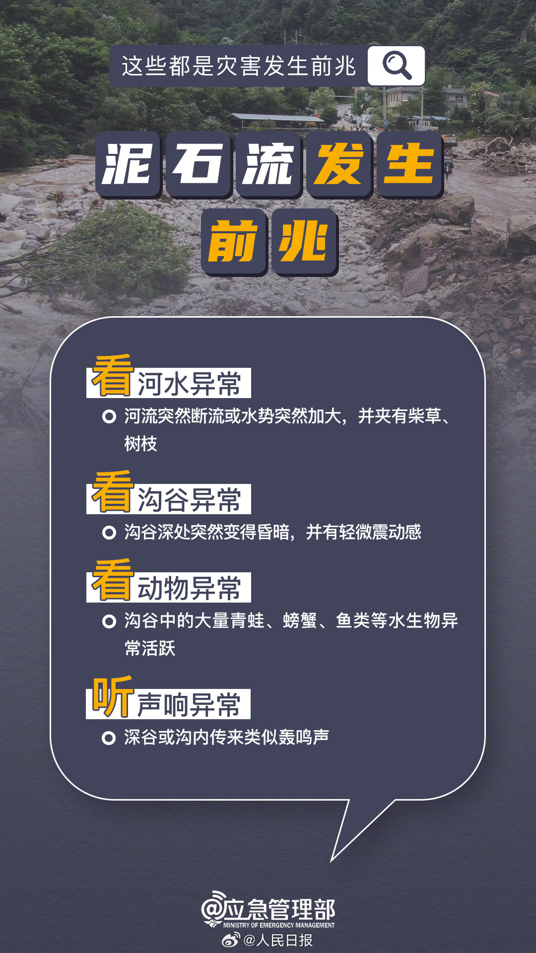 A poster lists the precursors of a mudslide: water that turns muddy or stops flowing, and a roar like rolling stones from the valley. Photo: @人民日报