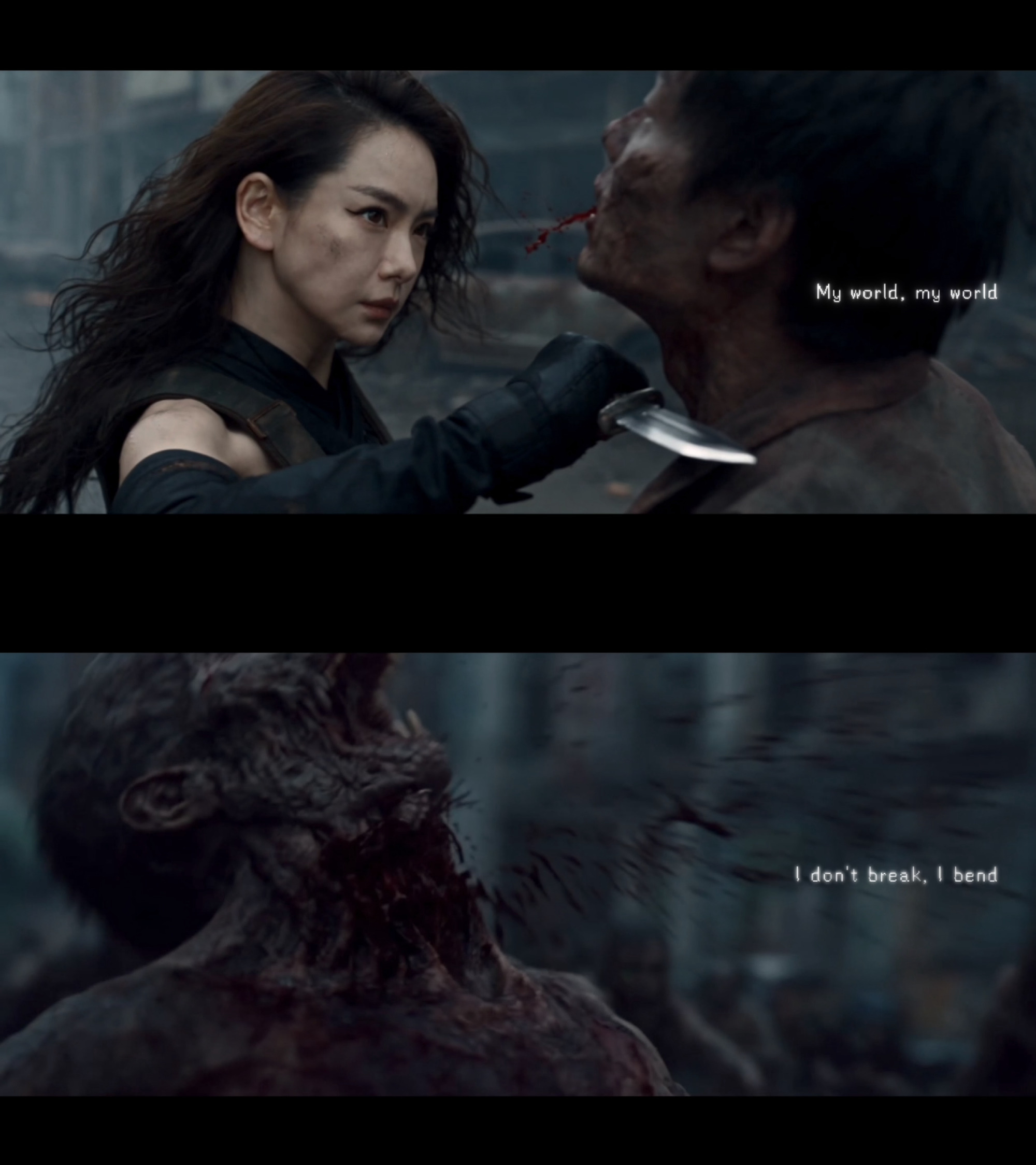 Two trailer frames: the AI double of Qi Wei in tactical gear holding a knife to a mutant's throat, and a decayed humanoid figure. Photo: @季风号苏打