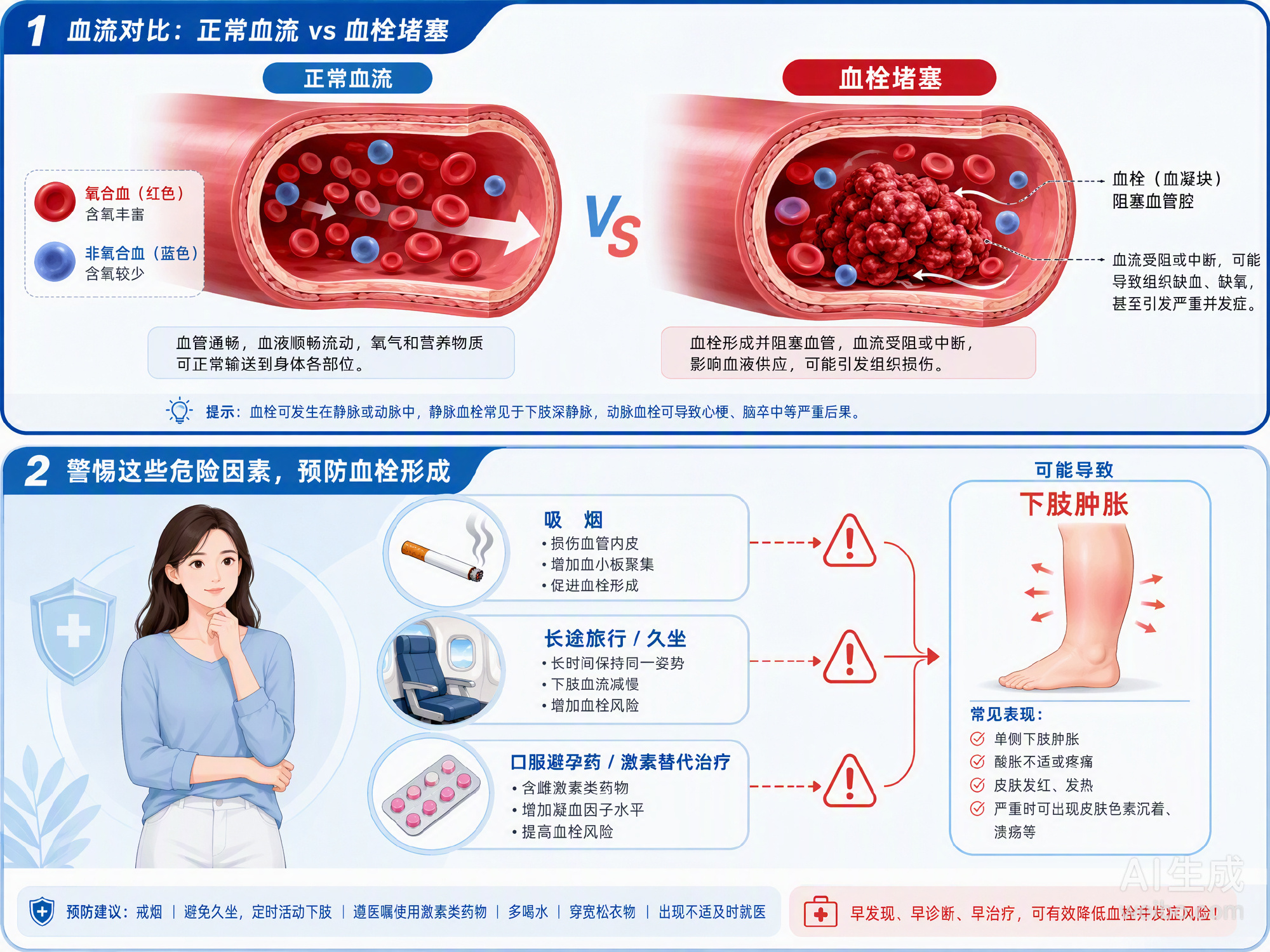 A prevention card lists the warning signs and the simple fix: quit smoking and keep the legs moving. Photo: @公益人王磊