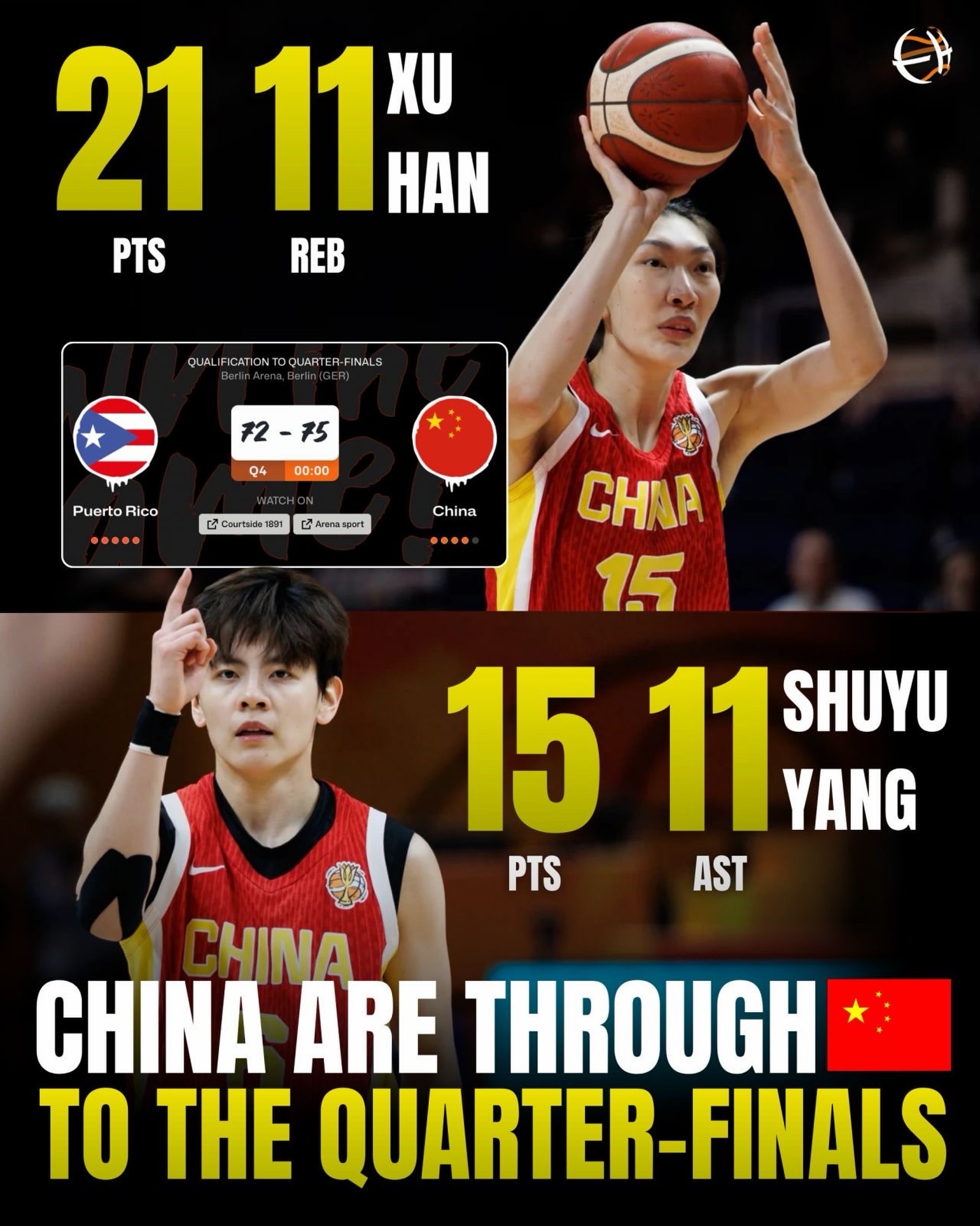 The quarter-final qualification graphic after China's 75-72 win over Puerto Rico in Berlin. Photo: @球圈赵探长