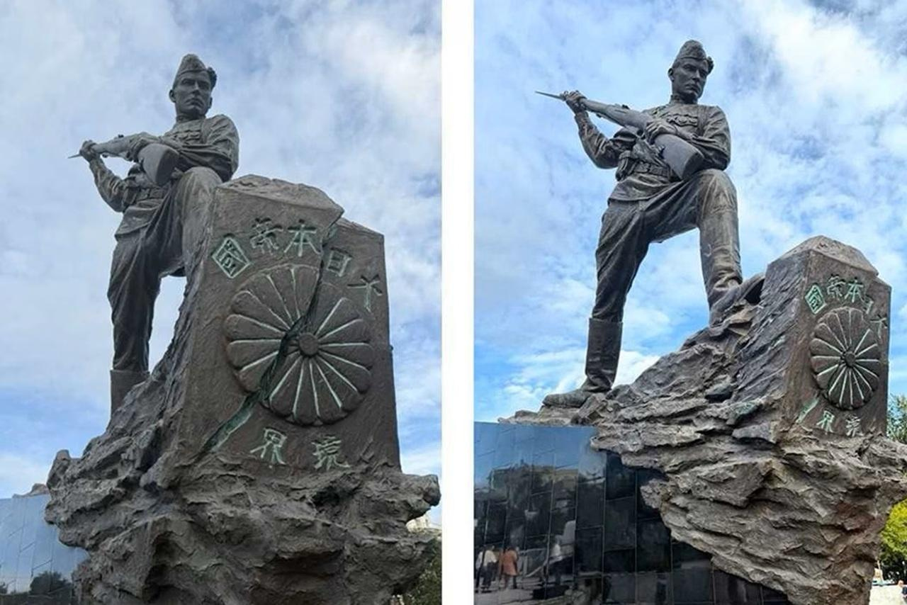 Two views of the finished monument, the soldier beside the stone carved with "Empire of Japan." Photo: @DPRK425