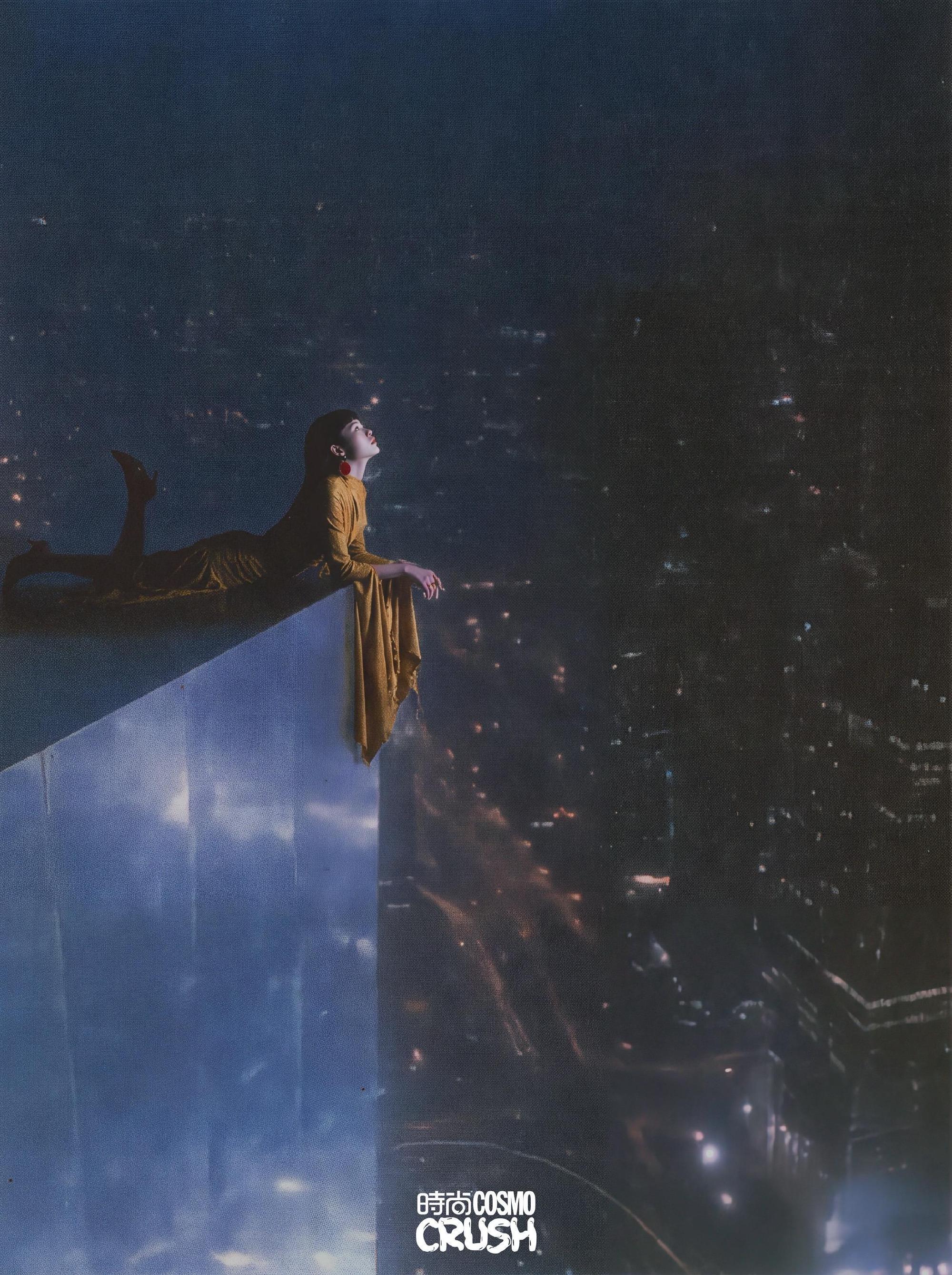 Fang Taozi on a rooftop at night in a promotional image for "The Laid-Off Girl" — every frame generated, no shoot required. Photo: @土龙Speaking