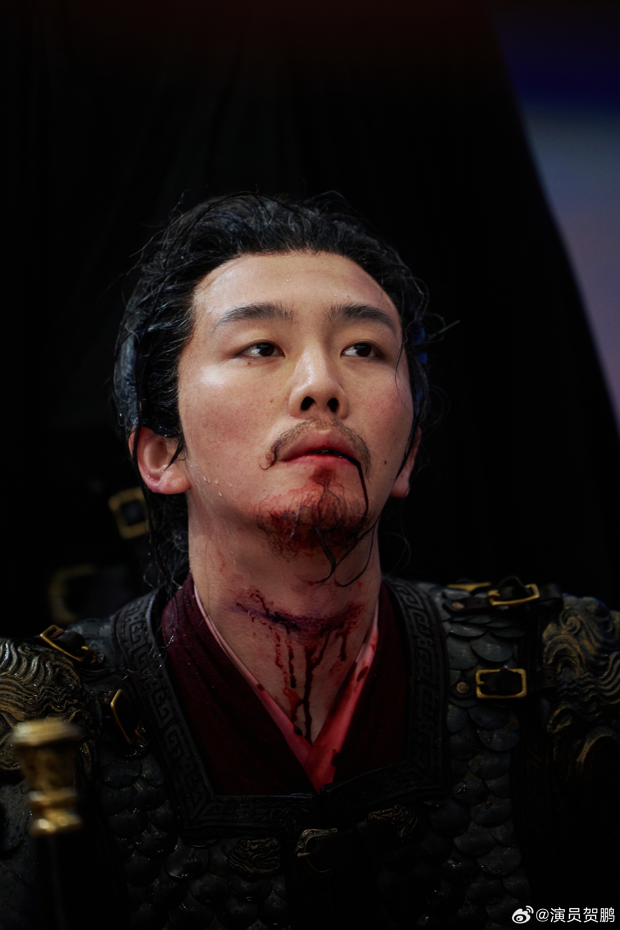 In armour flecked with blood: the marquis's last stand, from the photo set He Peng posted with his farewell letter. Photo: @演员贺鹏