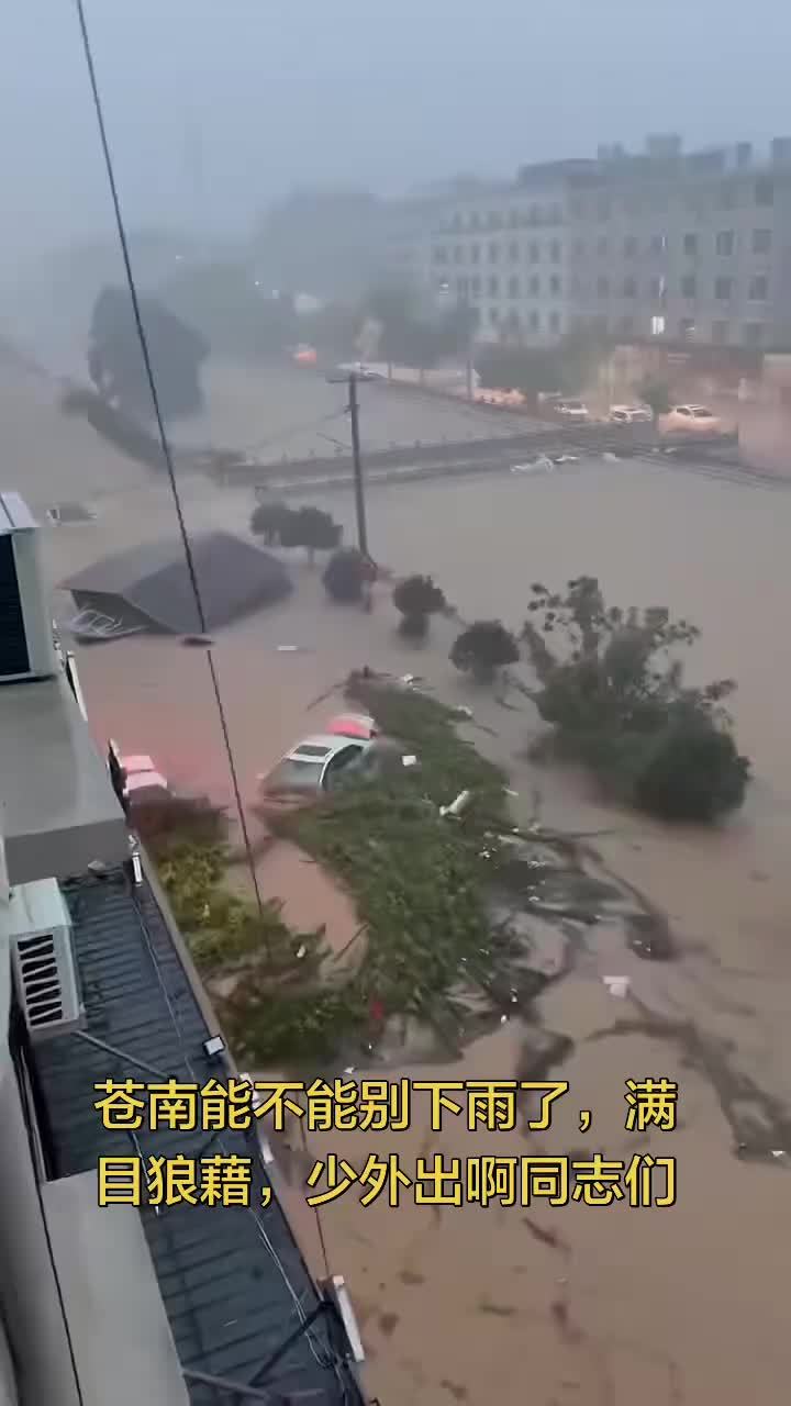 A flooded street in Cangnan, Wenzhou, after the record downpour, with residents wading past half-submerged buildings. Photo: @小王同学_DrEV