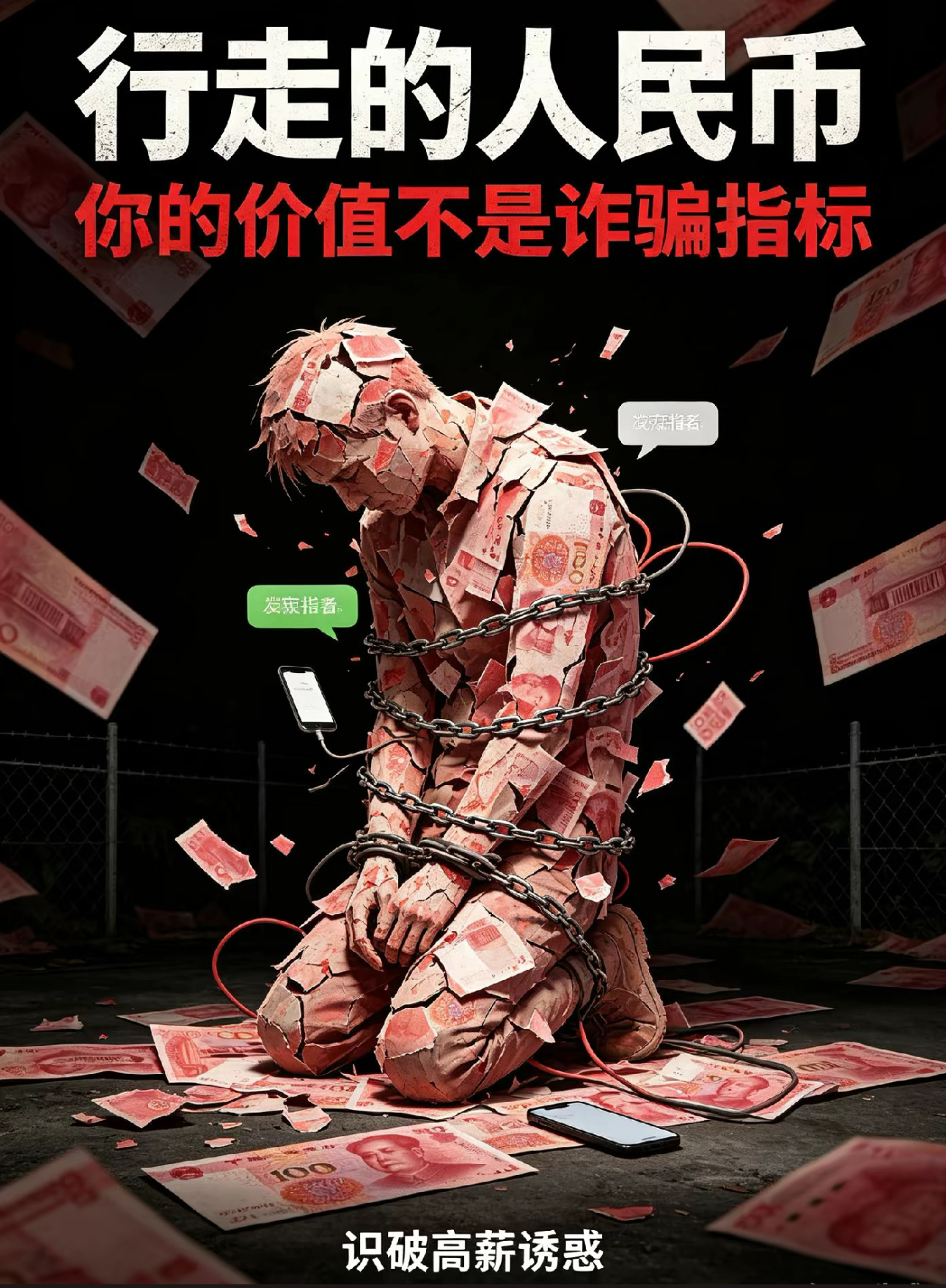 An anti-fraud graphic that circulated with the story: a figure made of banknotes, chained to a phone. Photo: @lncarinorn
